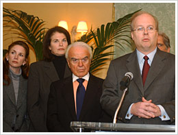 On November 11, 2001, Karl Rove, senior advisor to President Bush, met with members of the motion-picture industry to discuss the war on terrorism. From left: Melissa Gilbert, Screen Actors Guild; Sherri Lansing, Paramount Pictures; and Jack Valenti, Motion Picture Association of America.