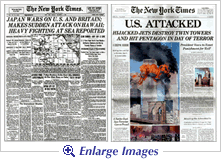 Comparison of front pages of the New York Times for 12/8/41 and 9/12/01. Click to enlarge.