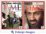 Time cover of 10/1 featuring extreme close up of bin Laden; Time cover of 9/24 showing Bush with rescue workers at Ground Zero. Click to enlarge.