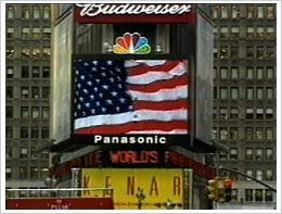In a show of patriotism, the American flag appeared on the NBC television screen in Times Square after September 11.