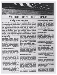 Letters-to-the-editor sections, such as this "Voice of the People" in the New York Daily News on September 14, 2001, provided a forum for broad and diverse public debate.