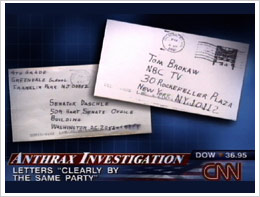 During a story about the anthrax threat, CNN showed images of contaminated envelopes addressed to NBC news anchor Tom Brokaw and Senator Tom Daschle of South Dakota (October 23, 2001).