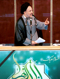Iran's image of Islamic extremism has waned in recent years, while that of nations such as Afghanistan has increased. Left: President Khatami addressing the Iranian Parliament. Above: Taliban spokesman Mullah Amir Khan Muttaqi during an interview in Kabul, Afghanistan.